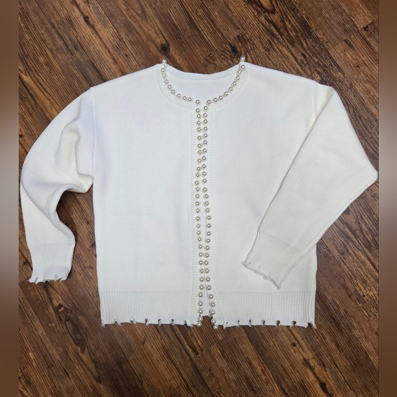 Pearl Trim Cardigan S ivory Nwot  distressed hem soft warm all season prep cute - Picture 1 of 12